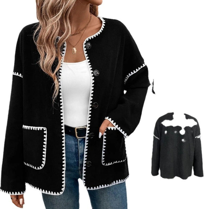 Fashion knitted jacket for women with decorative contrasting trim and large pockets Lune London