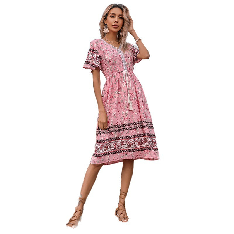 Bohemian casual mid-length dress for women with fringe tie detail Lune London