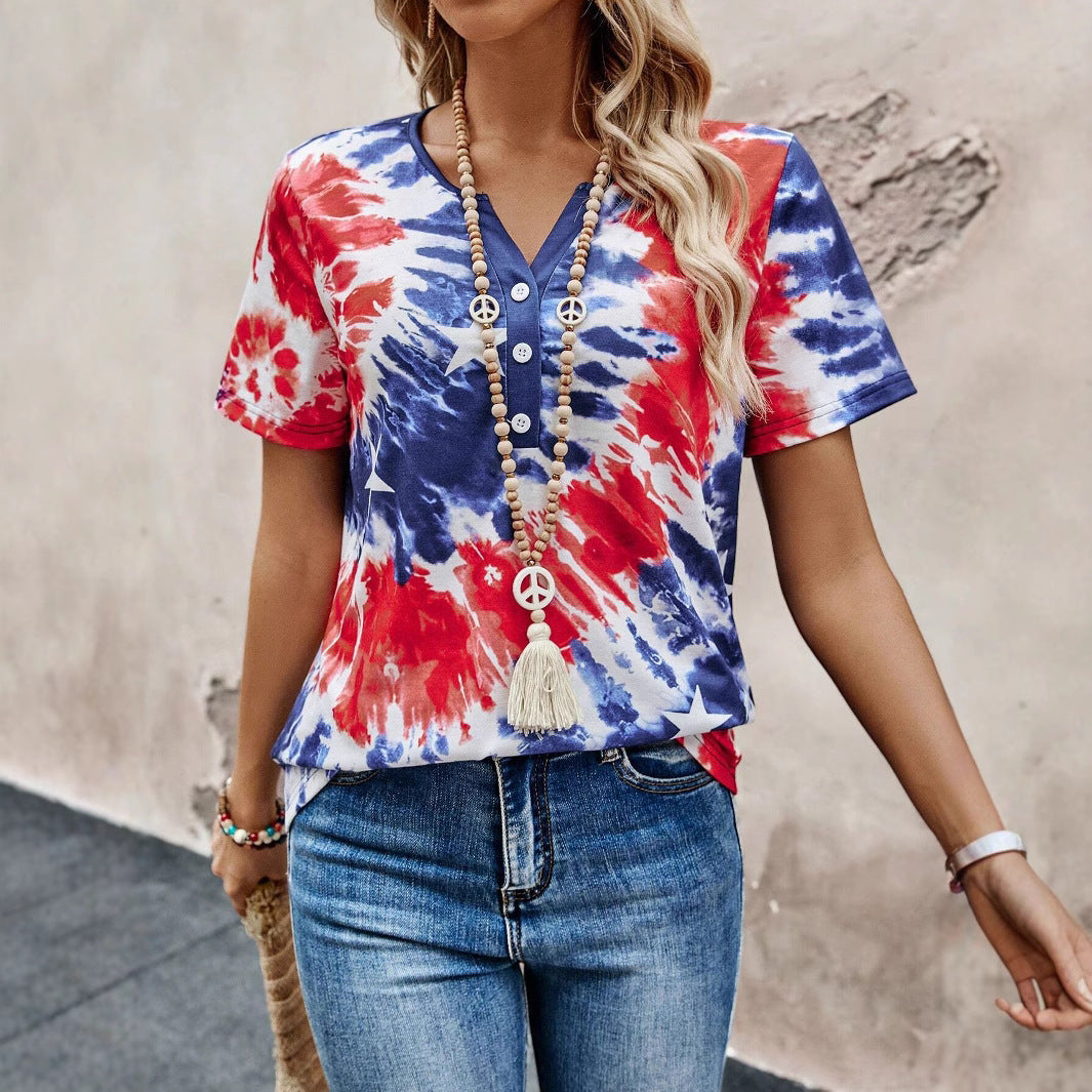 Short sleeve women's T-shirt with buttoned neck and playful batik design Lune London