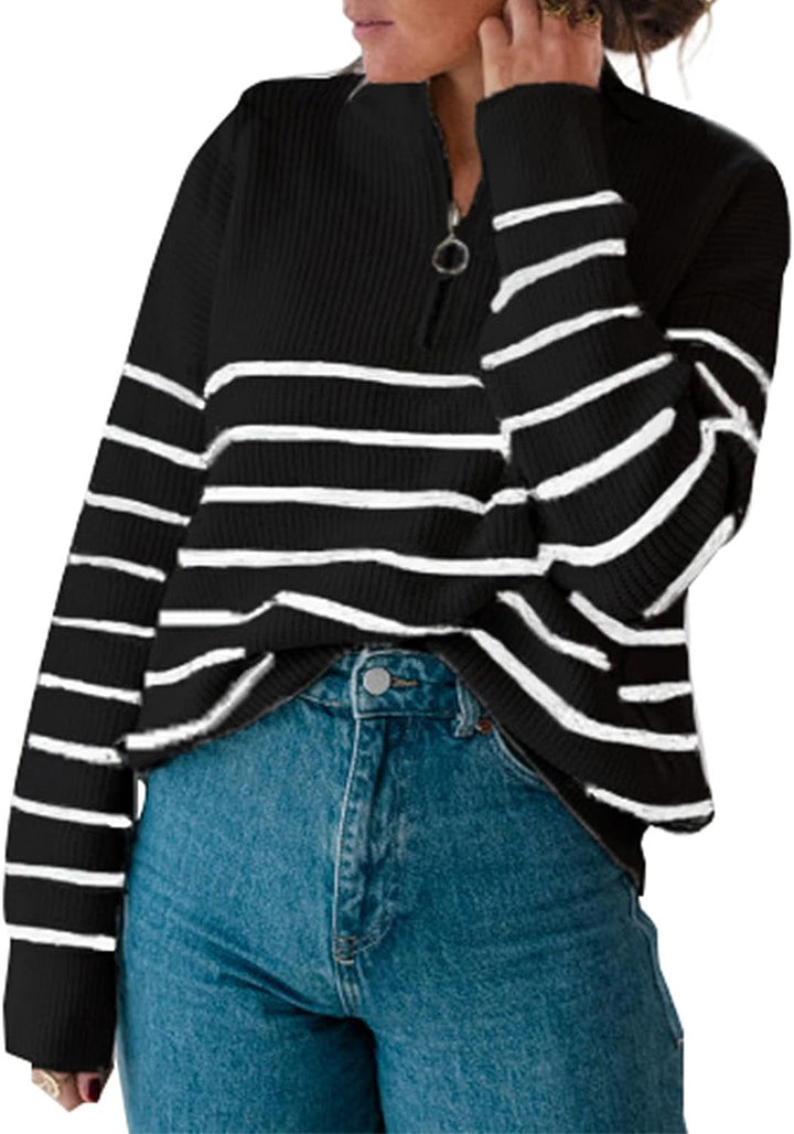 Casual sweater for women with short zipper and striped pattern Lune London