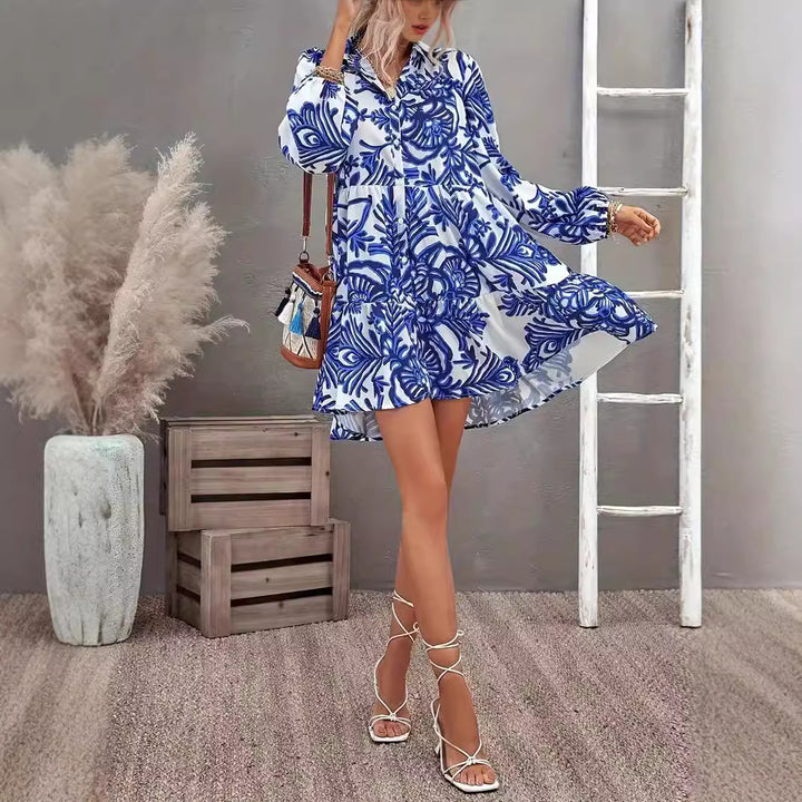 Shirt dress for women with voluminous skirt and floral pattern Lune London