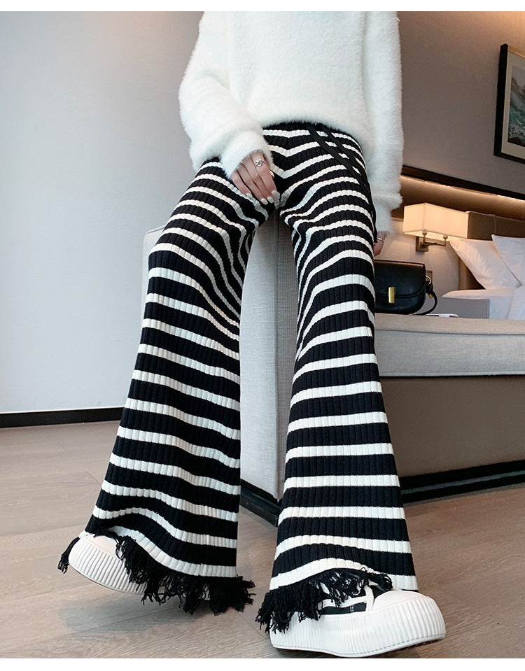 Ladies Elegant Striped Palazzo Pants in Ribbed Knit Lune London