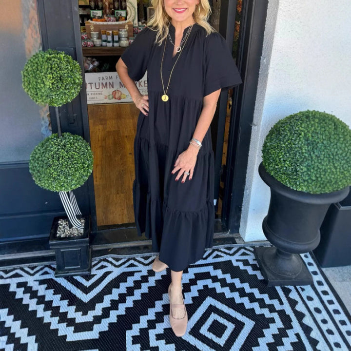 Maxi dress with long sleeves for women with V-neck and ruffle detail Lune London