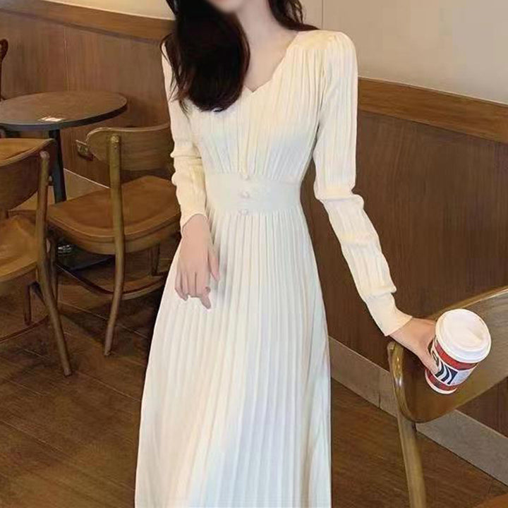 Lune London Plisse Maxi Dress with V Neck and Elegant Waist Accentuations