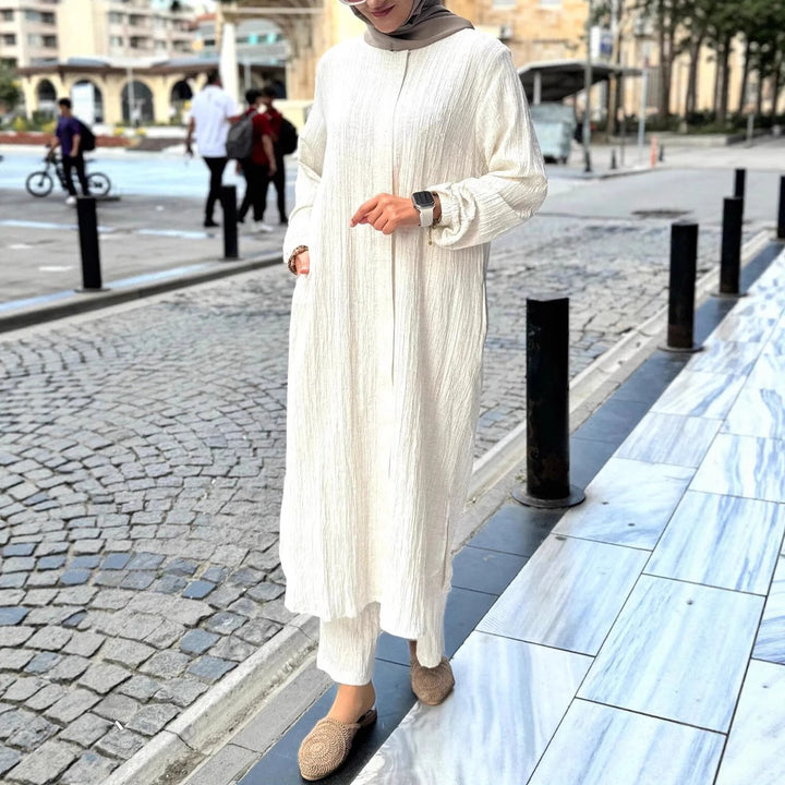 Robe décontractée pour femme à manches longues avec ourlet volanté et coton structuré