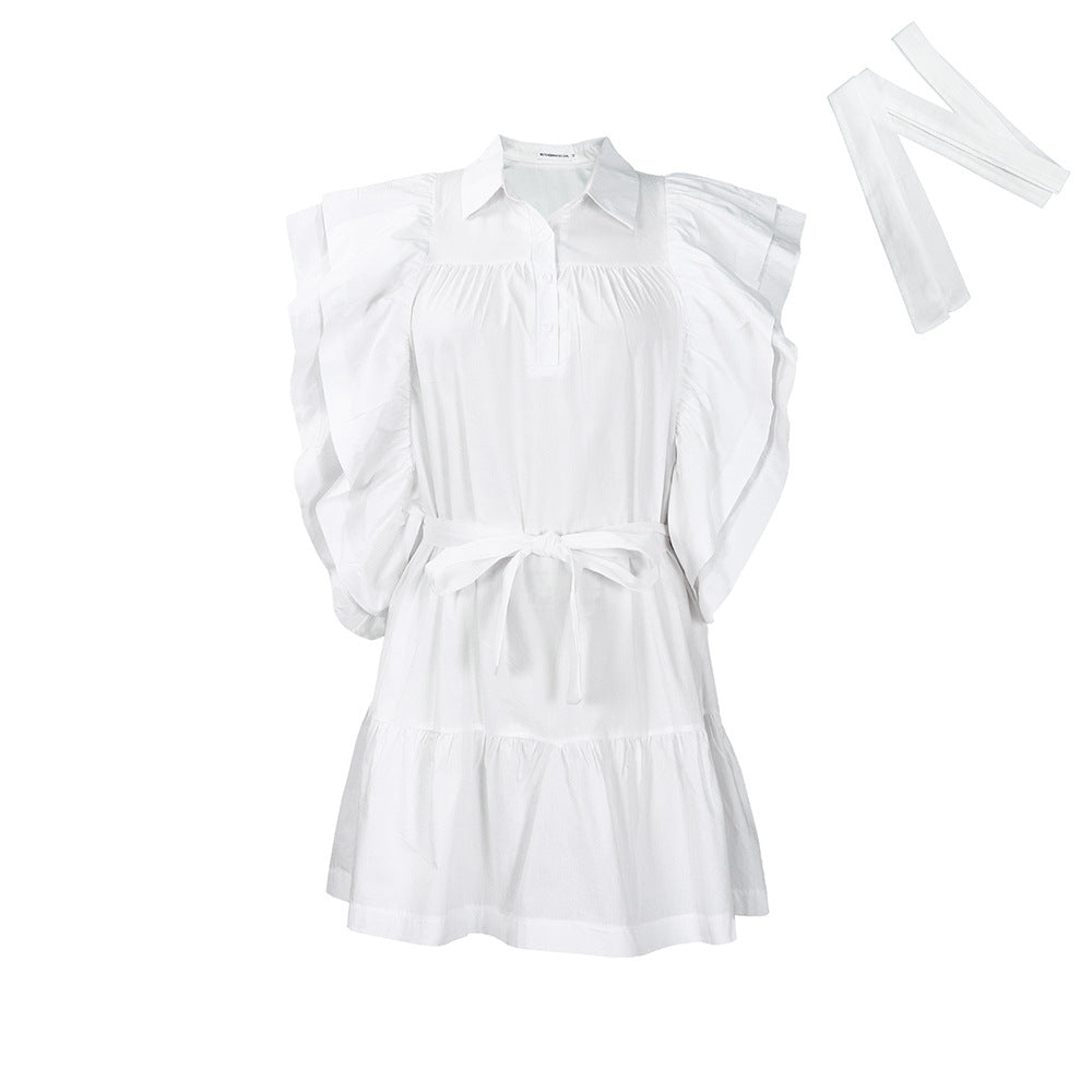 Shirt dress for women with voluminous ruffle sleeves and a belt at the waist Lune London