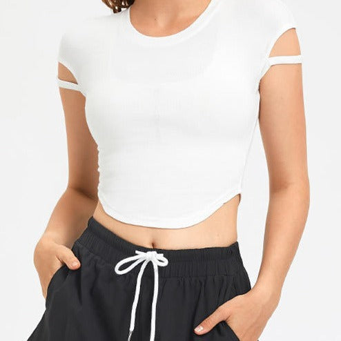 Ladies Short Sleeve Crop Top with Innovative Design and Chic Elastic Straps