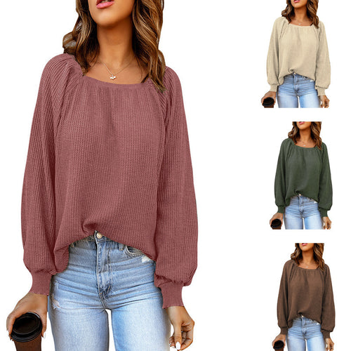 Oversized knitted sweater for women with an open neckline and puff sleeves Lune London
