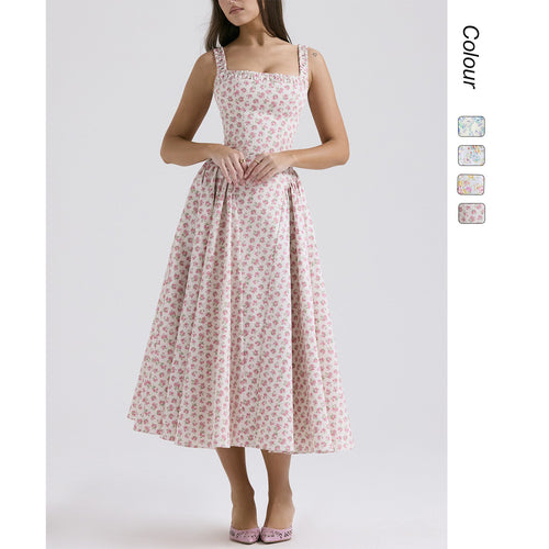 Women’s midi dress with floral pattern and flared skirt Lune London