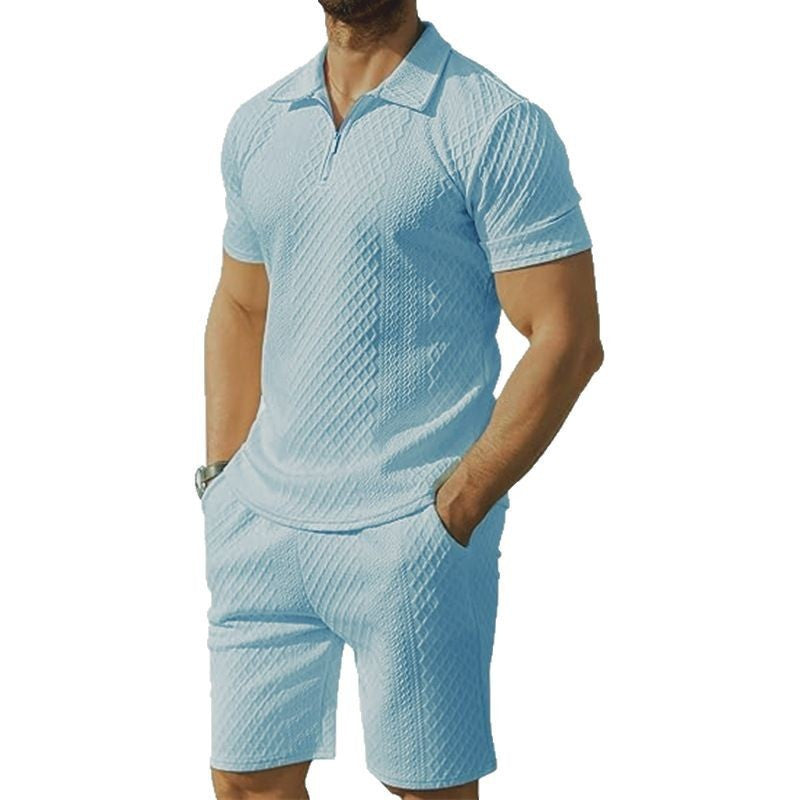 Trendy short polo shirt for men with imbued structure design and matching shorts Lune London