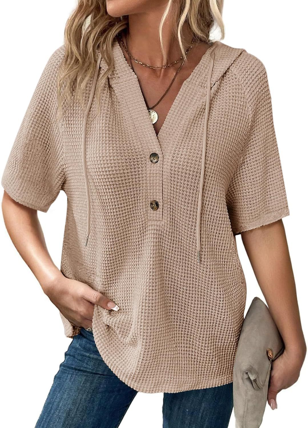 Short-sleeve blouse with embossed structure for ladies with hood and button placket Lune London