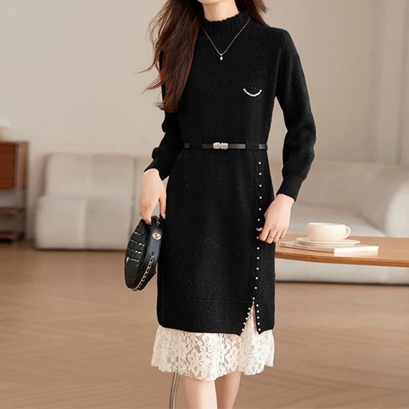 Robe en tricot pour femmes avec un élégant détail en dentelle et une ceinture à la taille Chic & Stil