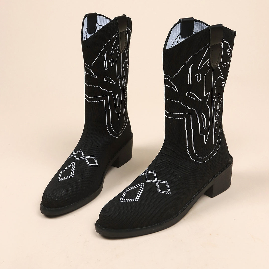 Women's cowboy boots with an artistic embroidered pattern and a sturdy heel Lune London