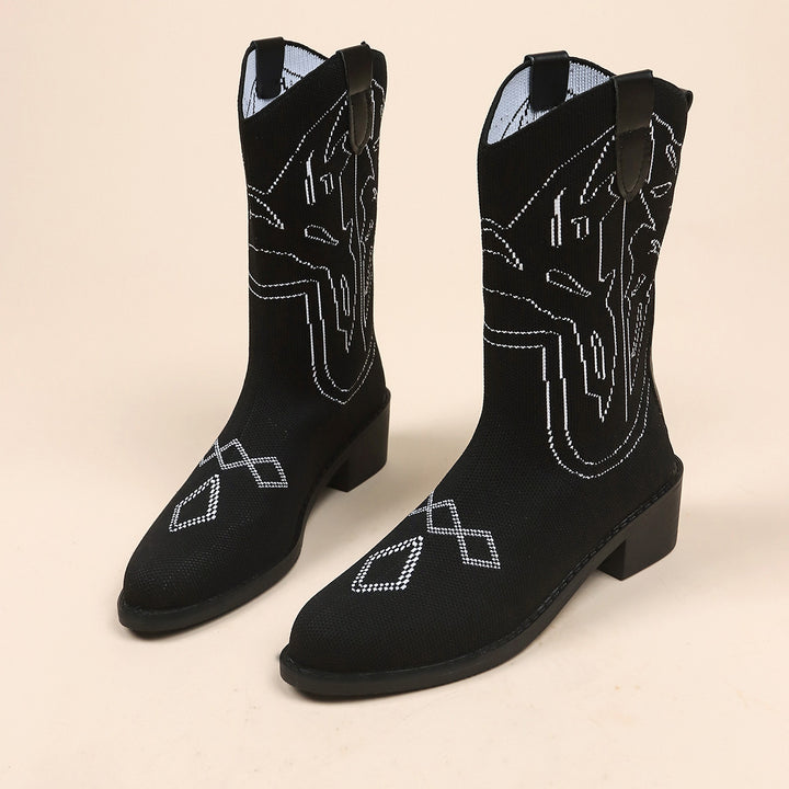 Women's cowboy boots with an artistic embroidered pattern and a sturdy heel Lune London