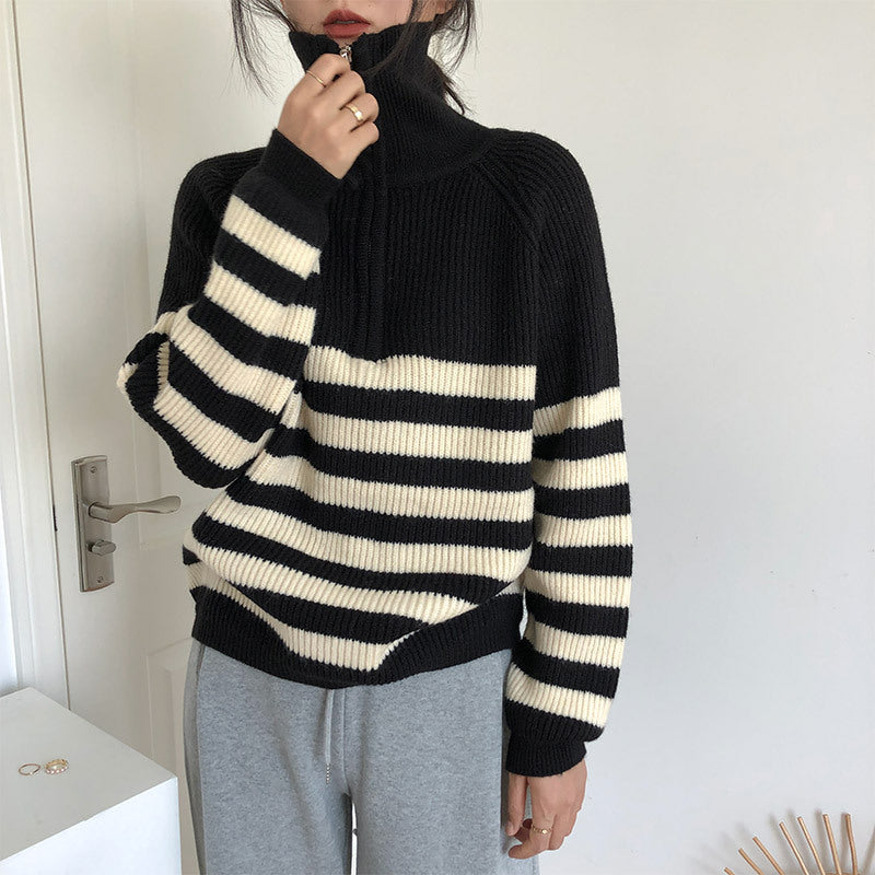 Women's striped sweater with mid-length zip and casual fit Lune London