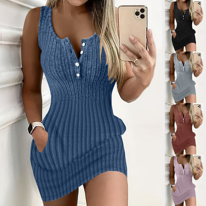 Lune London ribbed knit casual mini dress for women with button details