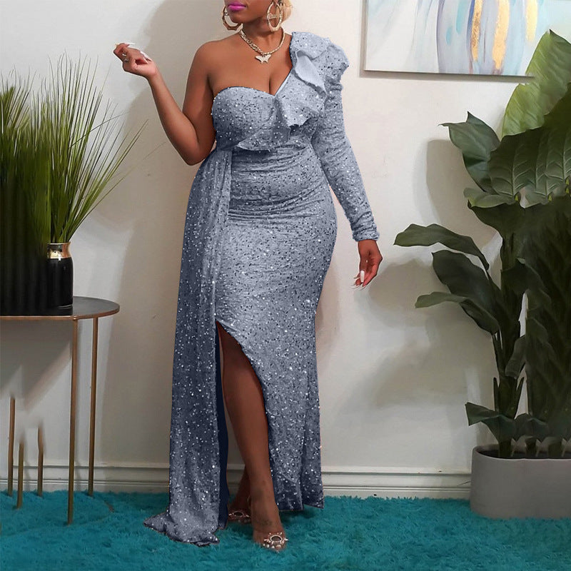 Women Elegant Off-Shoulder Maxi Dress with Shimmering Accents and Asymmetrical Design Lune London