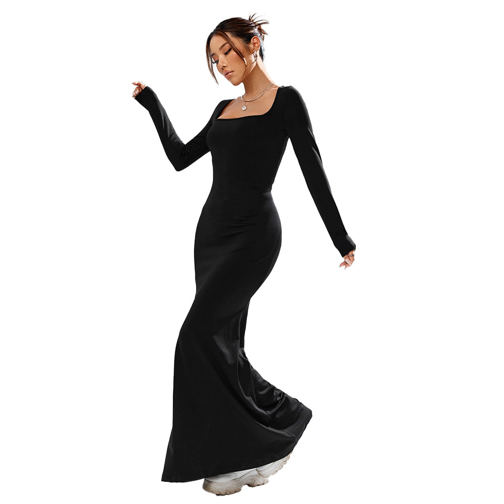 Elegant maxi dress for women with an unusual square neckline and a flattering silhouette