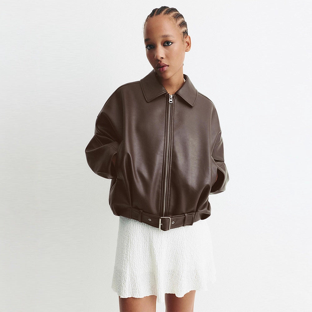 Fashion faux leather jacket for women with a loose fit and a waist belt Lune London