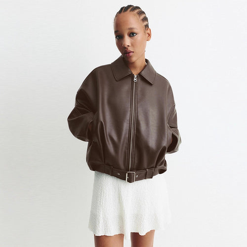 Fashion faux leather jacket for women with a loose fit and a waist belt Lune London