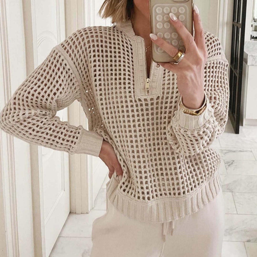 Casual knitted sweater for women with zipper and airy mesh structure Lune London