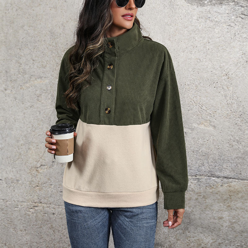 Lune London women's corduroy turtleneck sweater with button detail