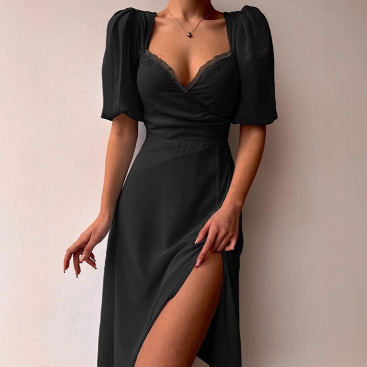 Women's Elegant Maxi Dress with Puff Sleeves and Deep Slit Lune London
