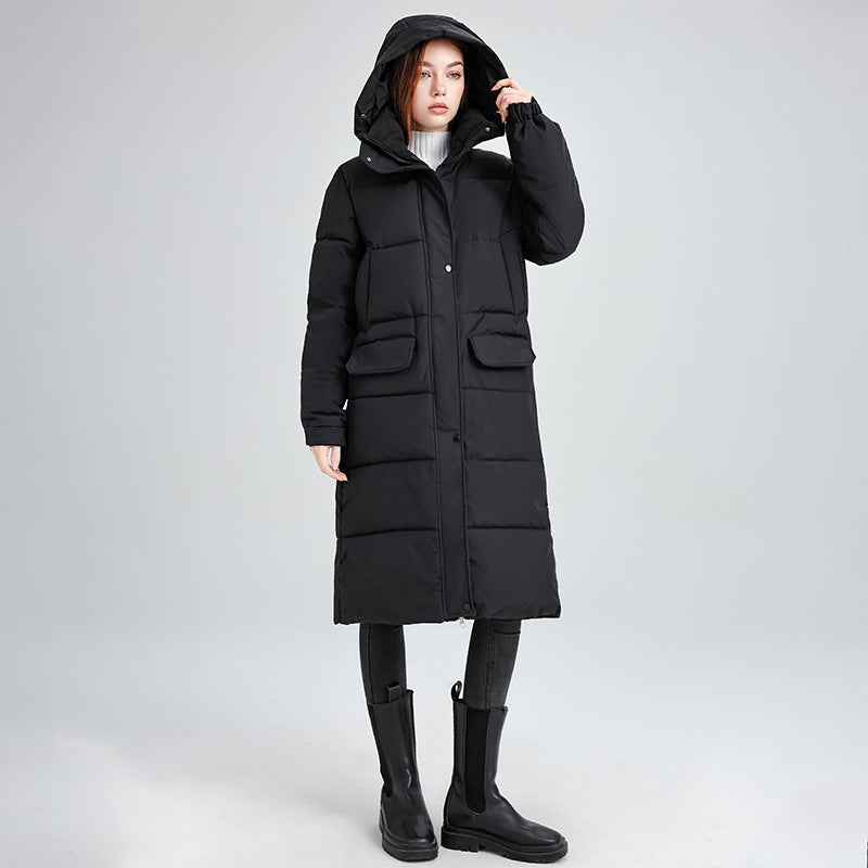 Ladies long insulated winter jacket with hood and zip-up collar Lune London