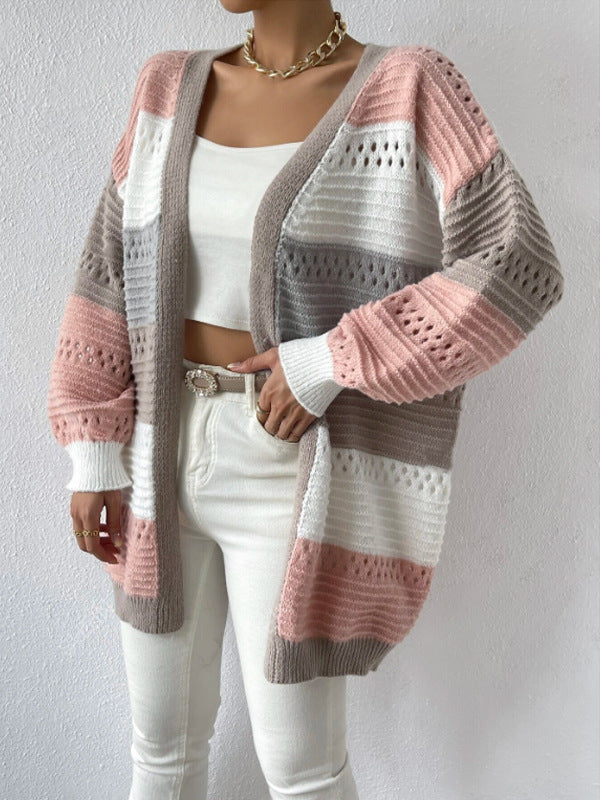 Ladies Casual Knit Cardigan with Modern Airy Patterns and Color Block Stripes Lune London
