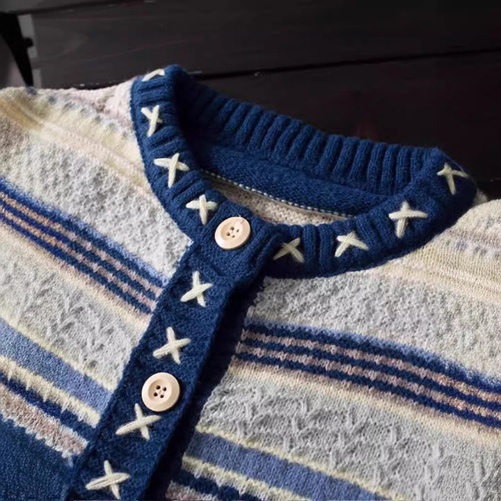 Ladies knitted patterned vest with decorative buttons and deep pockets Lune London
