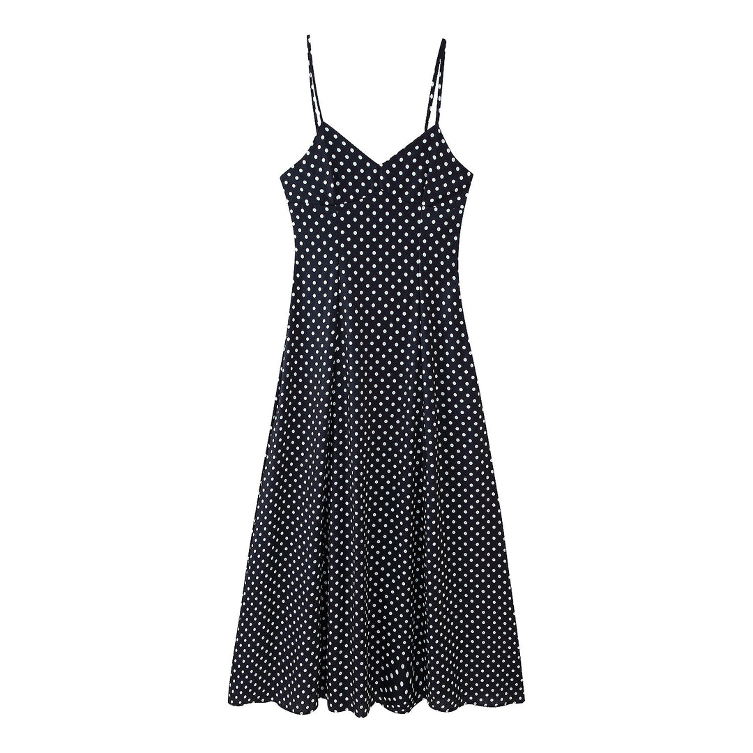 Midi dress for women with thin spaghetti straps and a playful polka dot design Lune London