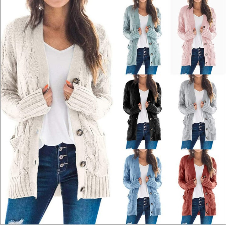 Knitted jacket for women with diamond patterns and large buttons Lune London