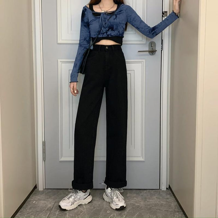 Pantalon en denim large pour femme avec taille haute Chic & Stil