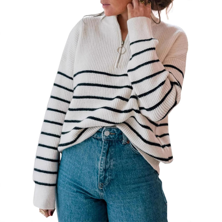 Casual sweater for women with short zipper and striped pattern Lune London
