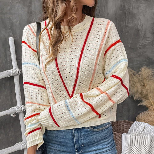 Casual knitted sweater for women with a trendy hole pattern and colorful stripes Lune London