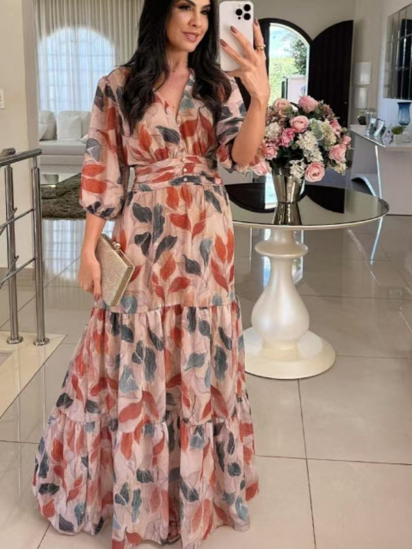 Maxi dress for women with colorful leaf pattern and fitted belt Lune London