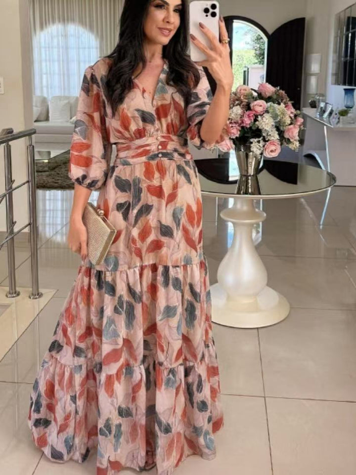 Maxi dress for women with colorful leaf pattern and fitted belt Lune London
