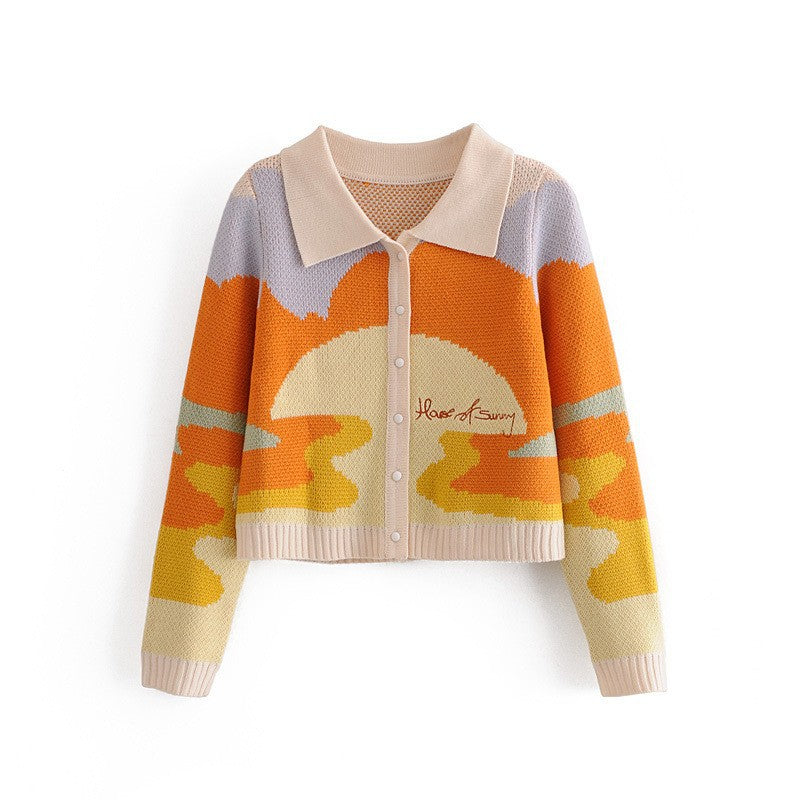 Fashionable knitted jacket for women with a creative color gradient and chic collar