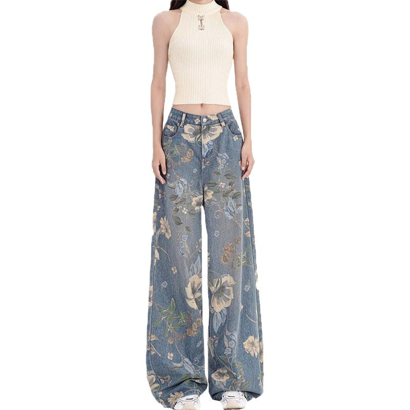 Jean femme à coupe large avec motifs floraux Chic & Stil