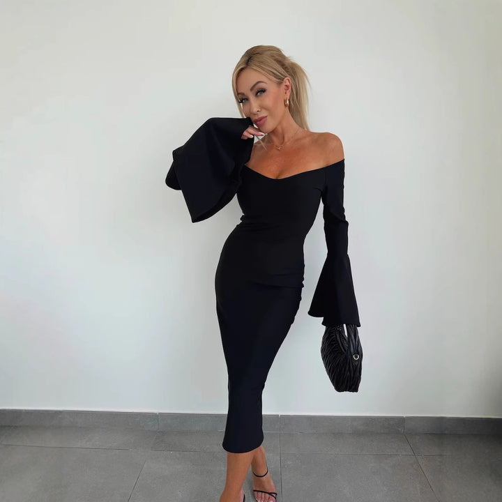 Dress woman with off-shoulder neckline and flared sleeves Lune London