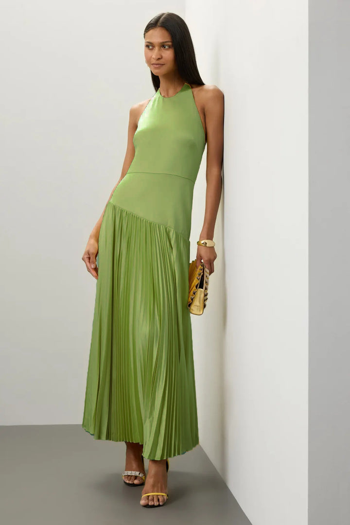 Ladies Elegant Maxi Dress with Flowing Pleated Skirt and Halter Neck Design