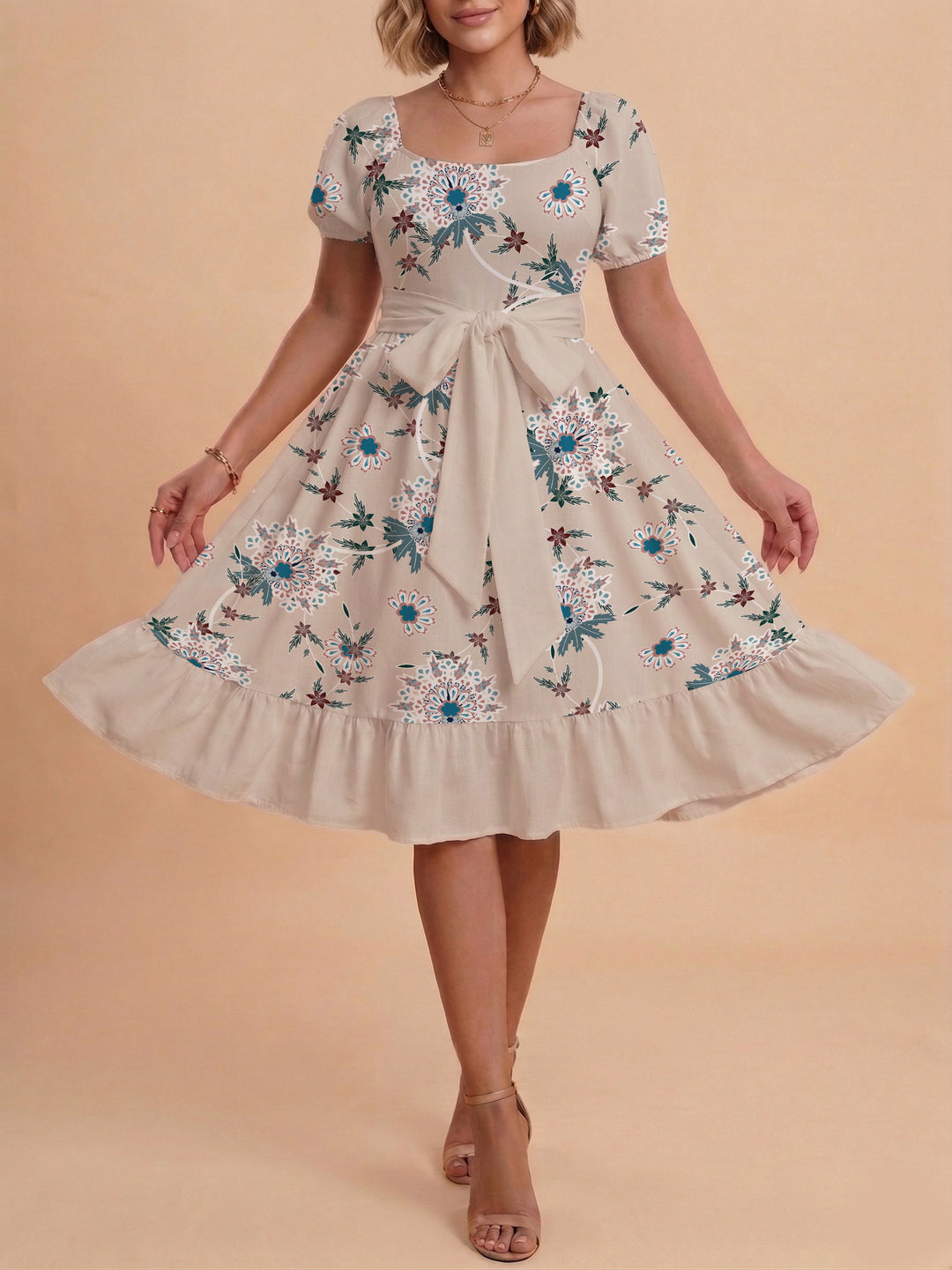 Women's floral dress with adjustable belt and voluminous sleeves Lune London