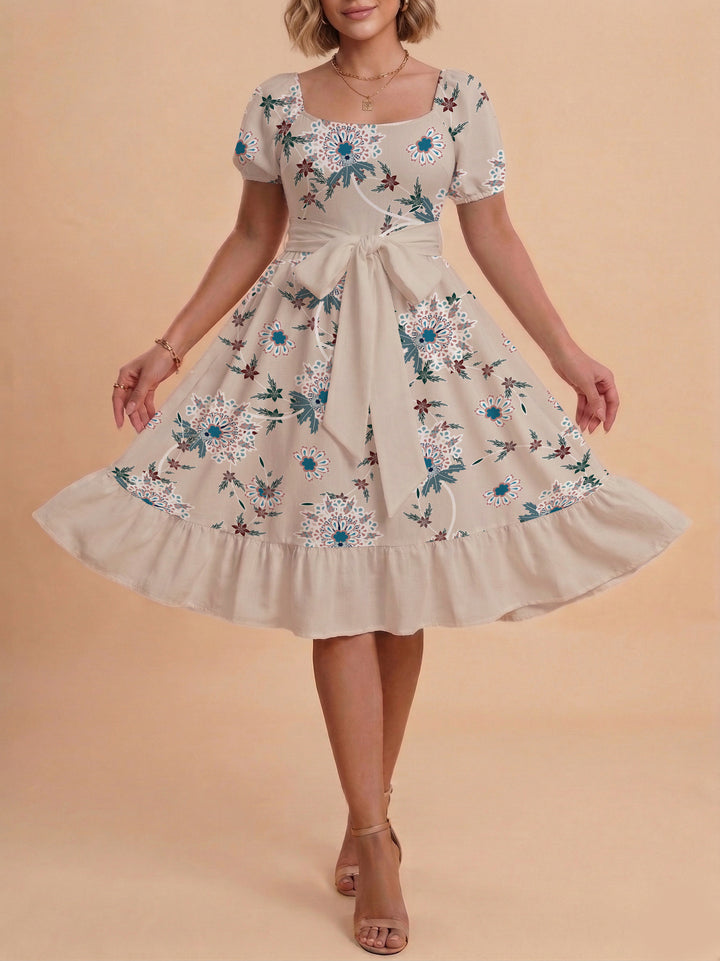 Women's floral dress with adjustable belt and voluminous sleeves Lune London
