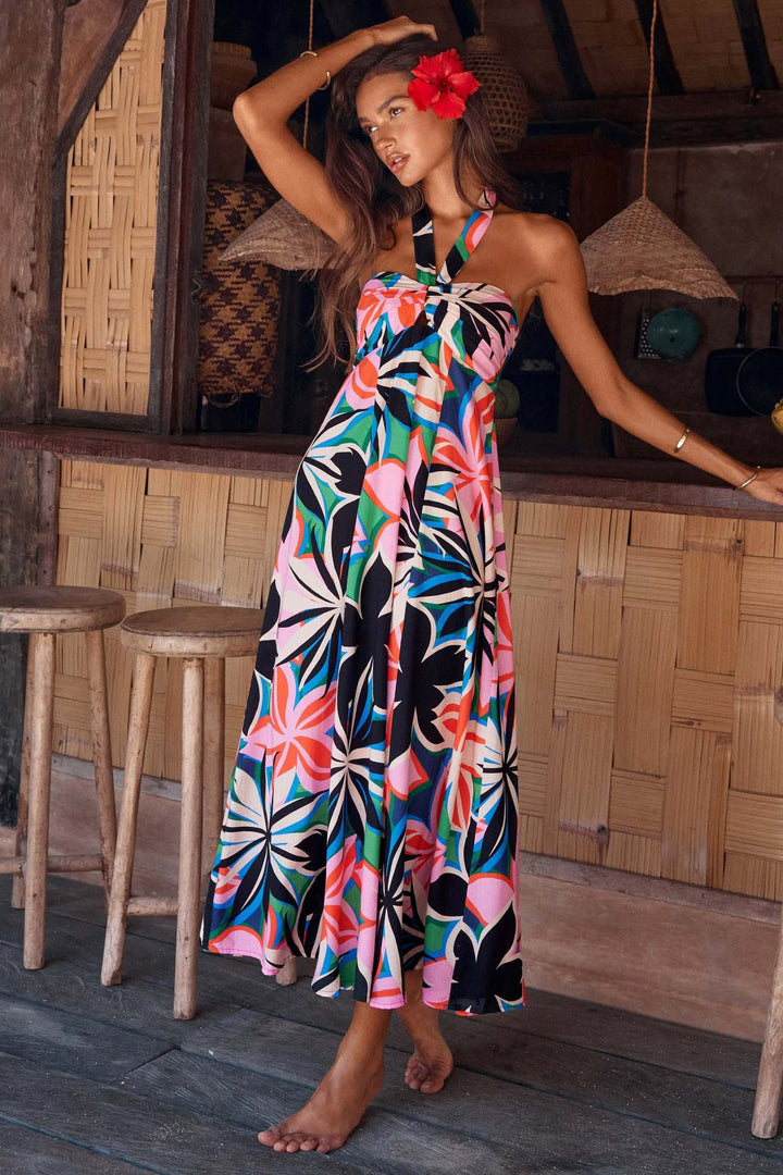 Maxi dress for women with stretch neckline, strapless, and floral print Chic & Stil