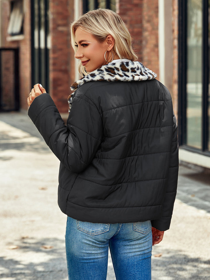 Ladies Fashion Quilted Jacket with Leopard Collar Lune London