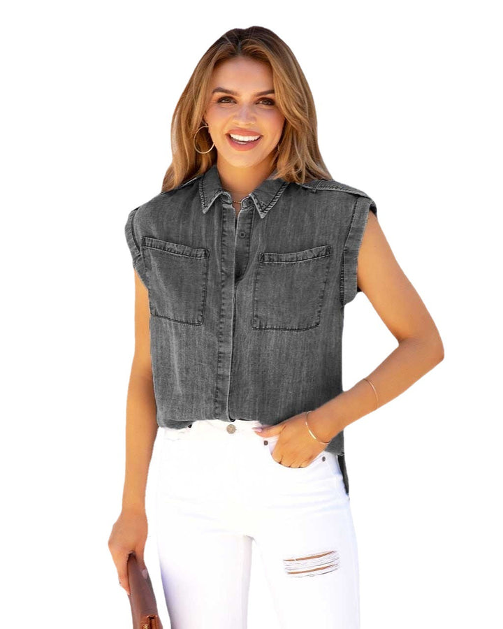 Chemisier à manches courtes pour femmes en denim avec poches poitrine Chic & Stil