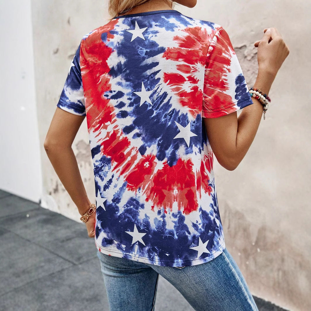 Short sleeve women's T-shirt with buttoned neck and playful batik design Lune London