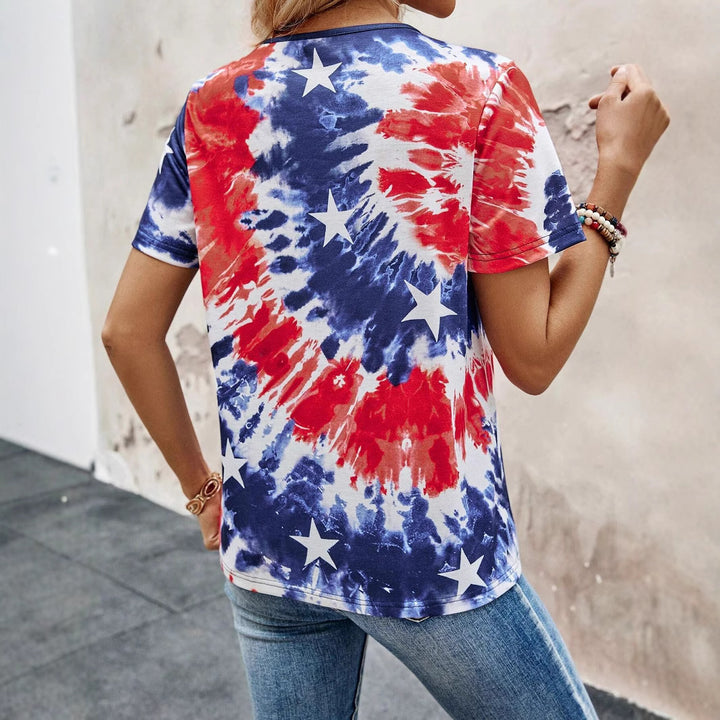 Short sleeve women's T-shirt with buttoned neck and playful batik design Lune London