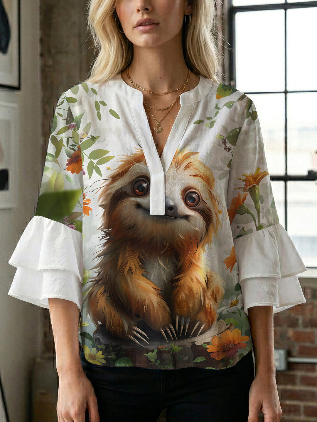 Women Elegant Top with Voluminous Puff Sleeves and Floral Print Lune London