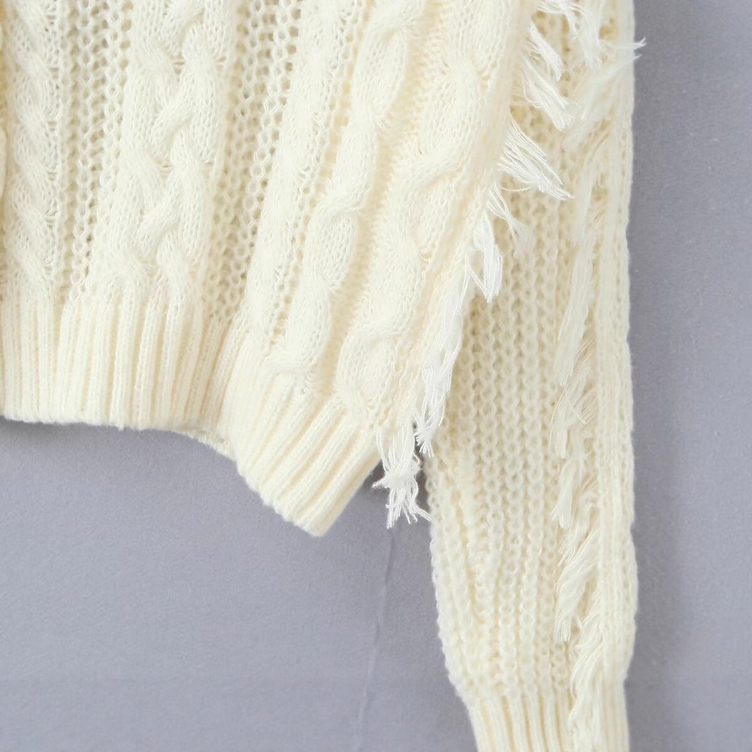 Pull en maille épaisse pour femme avec décolleté en V profond et franges Chic & Stil